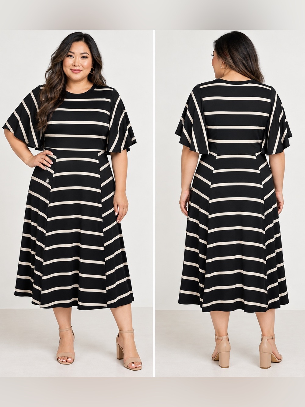 Who What Wear Black & Cream Striped Midi Dress